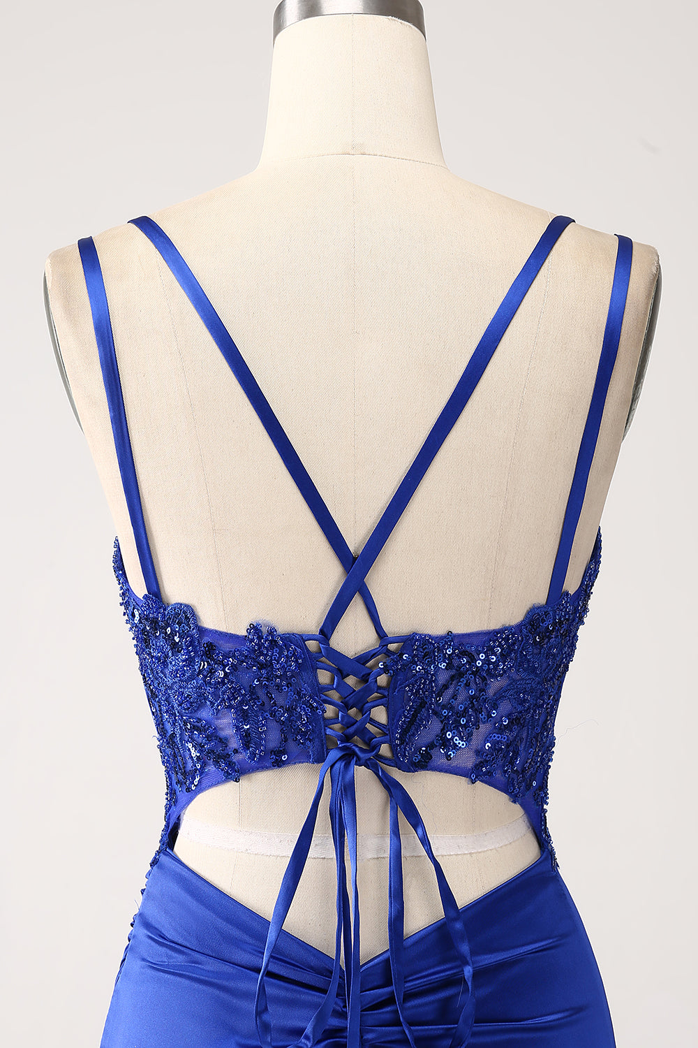 Corsé de sirena azul real vestido largo de fiesta con cuentas con abertura