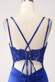 Corsé de sirena azul real vestido largo de fiesta con cuentas con abertura