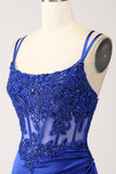 Corsé de sirena azul real vestido largo de fiesta con cuentas con abertura
