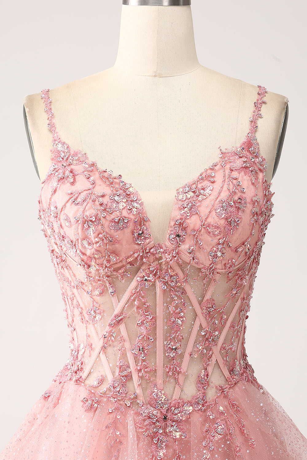 Vestido largo de fiesta con correas de espagueti de línea A con correas de espagueti escalonadas