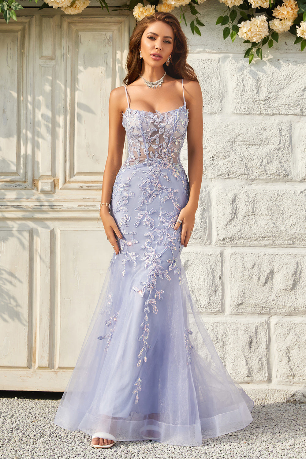 Correas de Espagueti Sirena Tul Púrpura Vestido de Fiesta Con Apliques