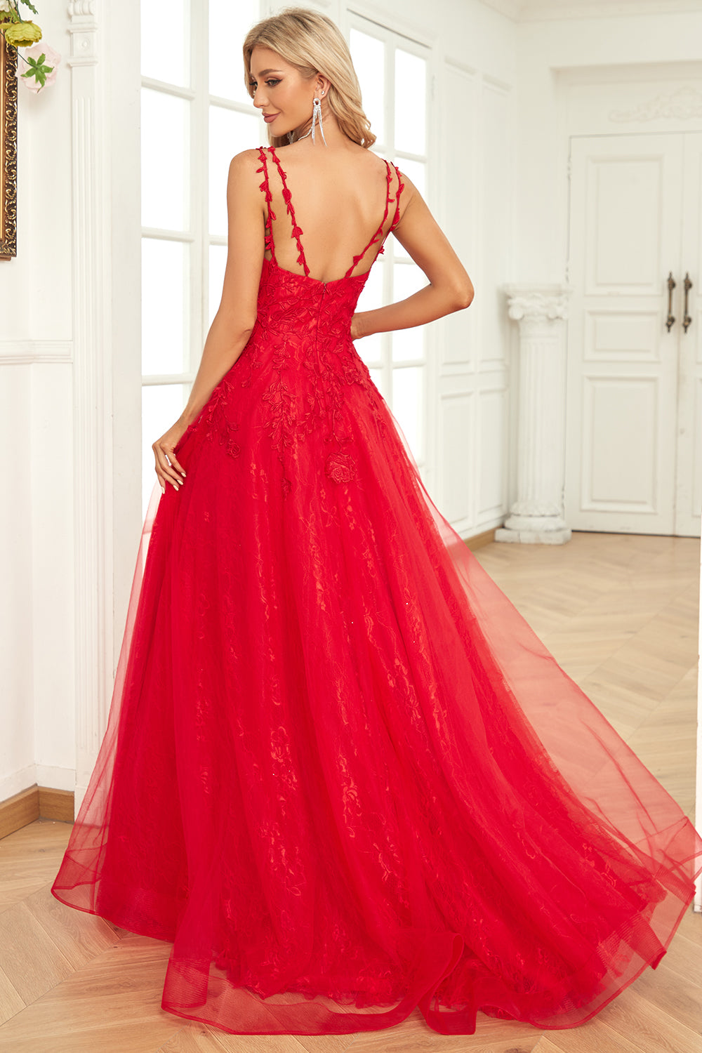 A Línea Correas de Espagueti Rojo Vestido de Graduación Con Apliques