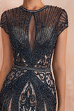 Lujoso vestido de fiesta de champán con cuello de joya de sirena con abalorios