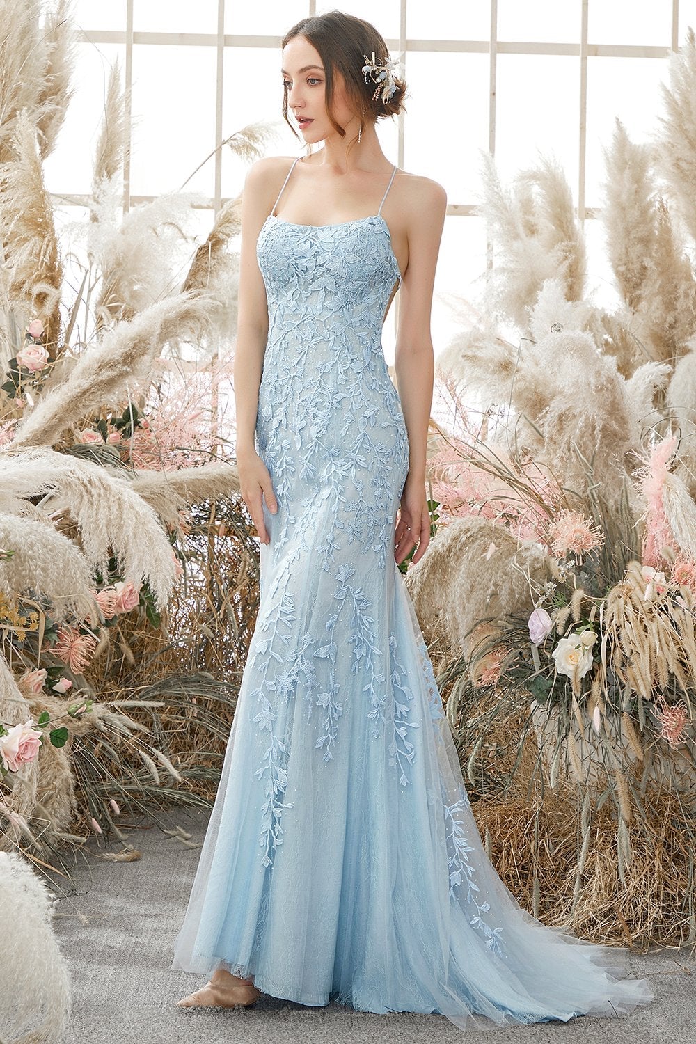 Vestido de fiesta larga de sirena púrpura claro con apliques