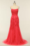 Coral Backless Vestido largo de fiesta con apliques