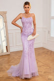 Vestido de fiesta larga de sirena púrpura claro con apliques