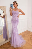 Vestido de fiesta larga de sirena púrpura claro con apliques
