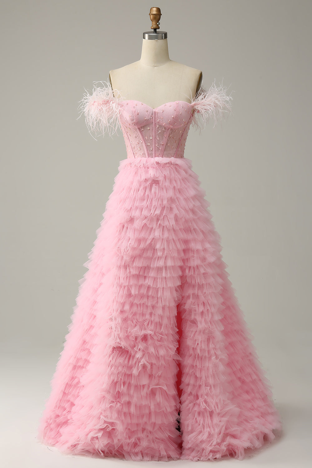 A Línea Fuera del Hombro Rosa Vestido de Graduación Con Plumas