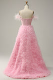 A Línea Fuera del Hombro Rosa Vestido de Graduación Con Plumas