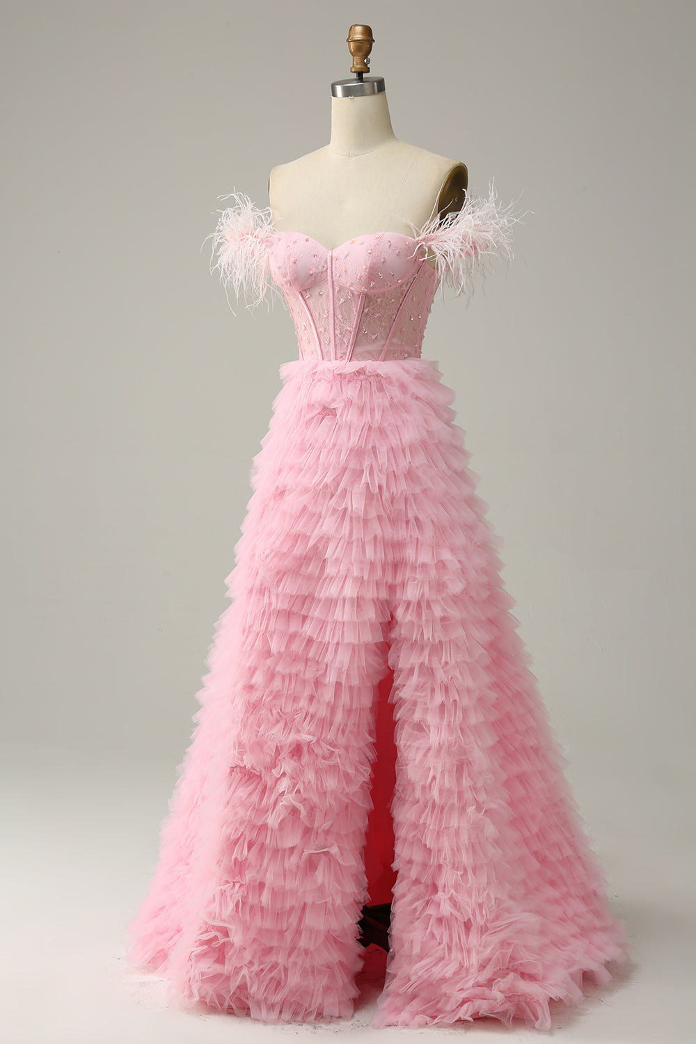 A Línea Fuera del Hombro Rosa Vestido de Graduación Con Plumas