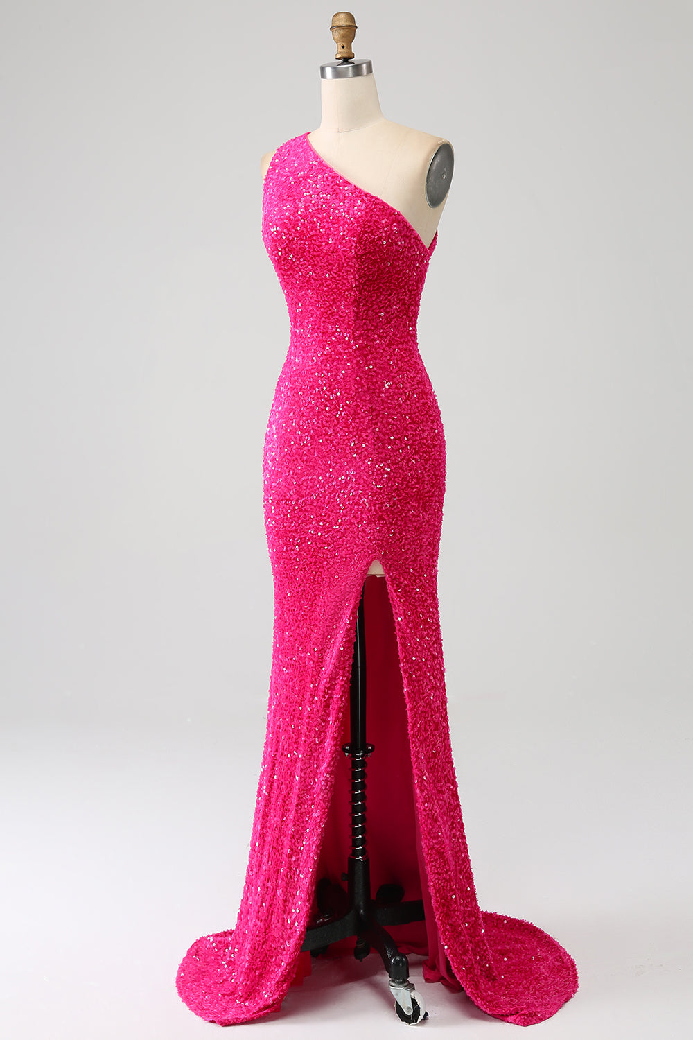 Sirena brillante Vestido largo de fiesta de lentejuelas fucsias de un hombro con abertura