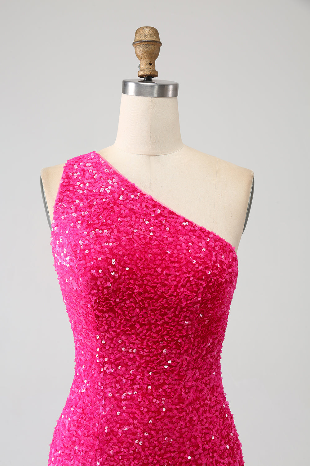 Sirena brillante Vestido largo de fiesta de lentejuelas fucsias de un hombro con abertura