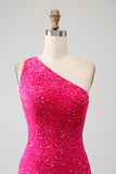 Sirena brillante Vestido largo de fiesta de lentejuelas fucsias de un hombro con abertura