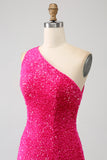 Sirena brillante Vestido largo de fiesta de lentejuelas fucsias de un hombro con abertura