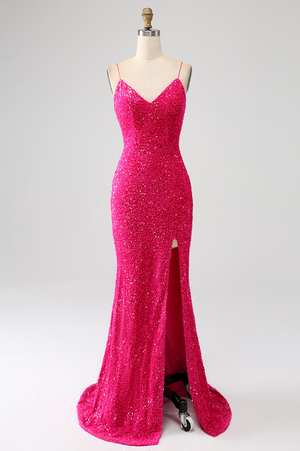 Vestido de fiesta de lentejuelas con escote en V con tirantes de sirena fucsia y lentejuelas con abertura