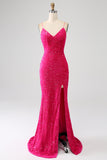 Vestido de fiesta de lentejuelas con escote en V con tirantes de sirena fucsia y lentejuelas con abertura