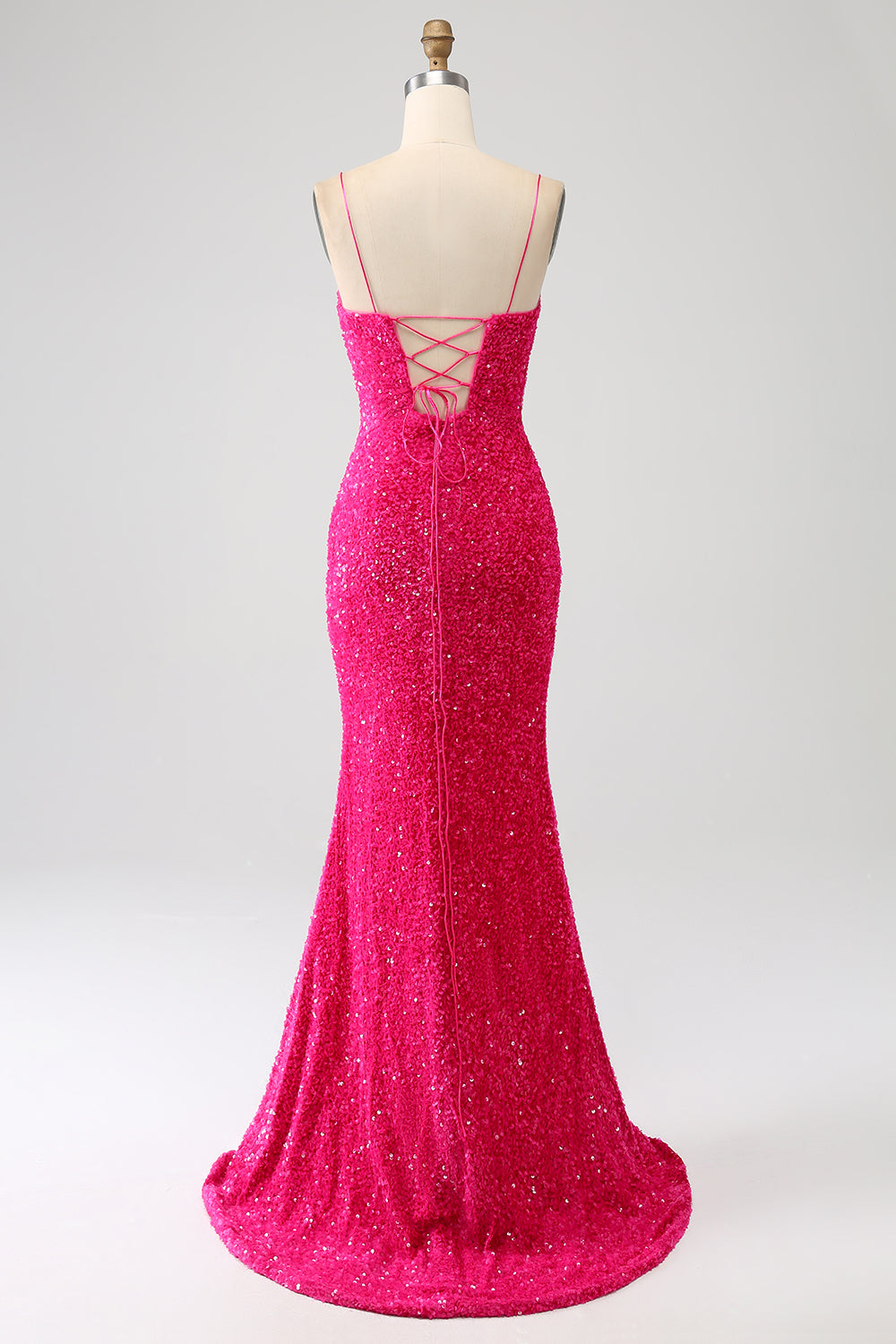 Vestido de fiesta de lentejuelas con escote en V con tirantes de sirena fucsia y lentejuelas con abertura