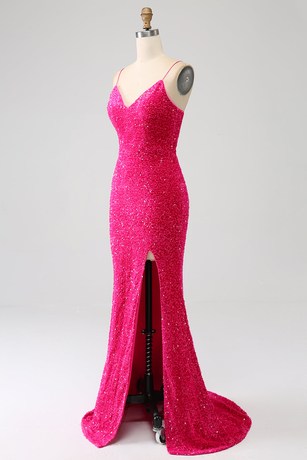 Vestido de fiesta de lentejuelas con escote en V con tirantes de sirena fucsia y lentejuelas con abertura