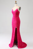 Vestido de fiesta de lentejuelas con escote en V con tirantes de sirena fucsia y lentejuelas con abertura