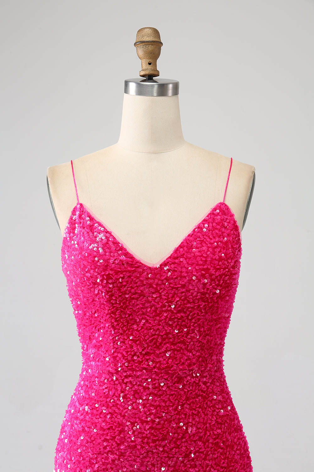 Vestido de fiesta de lentejuelas con escote en V con tirantes de sirena fucsia y lentejuelas con abertura