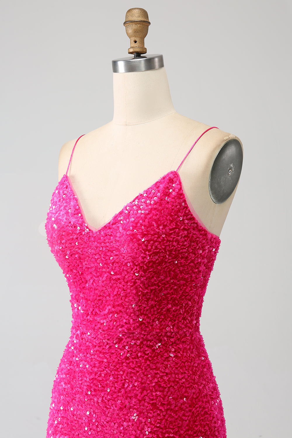 Vestido de fiesta de lentejuelas con escote en V con tirantes de sirena fucsia y lentejuelas con abertura