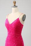 Vestido de fiesta de lentejuelas con escote en V con tirantes de sirena fucsia y lentejuelas con abertura