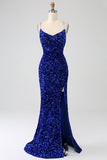 Vestido de fiesta de lentejuelas con escote en V con tirantes de sirena fucsia y lentejuelas con abertura