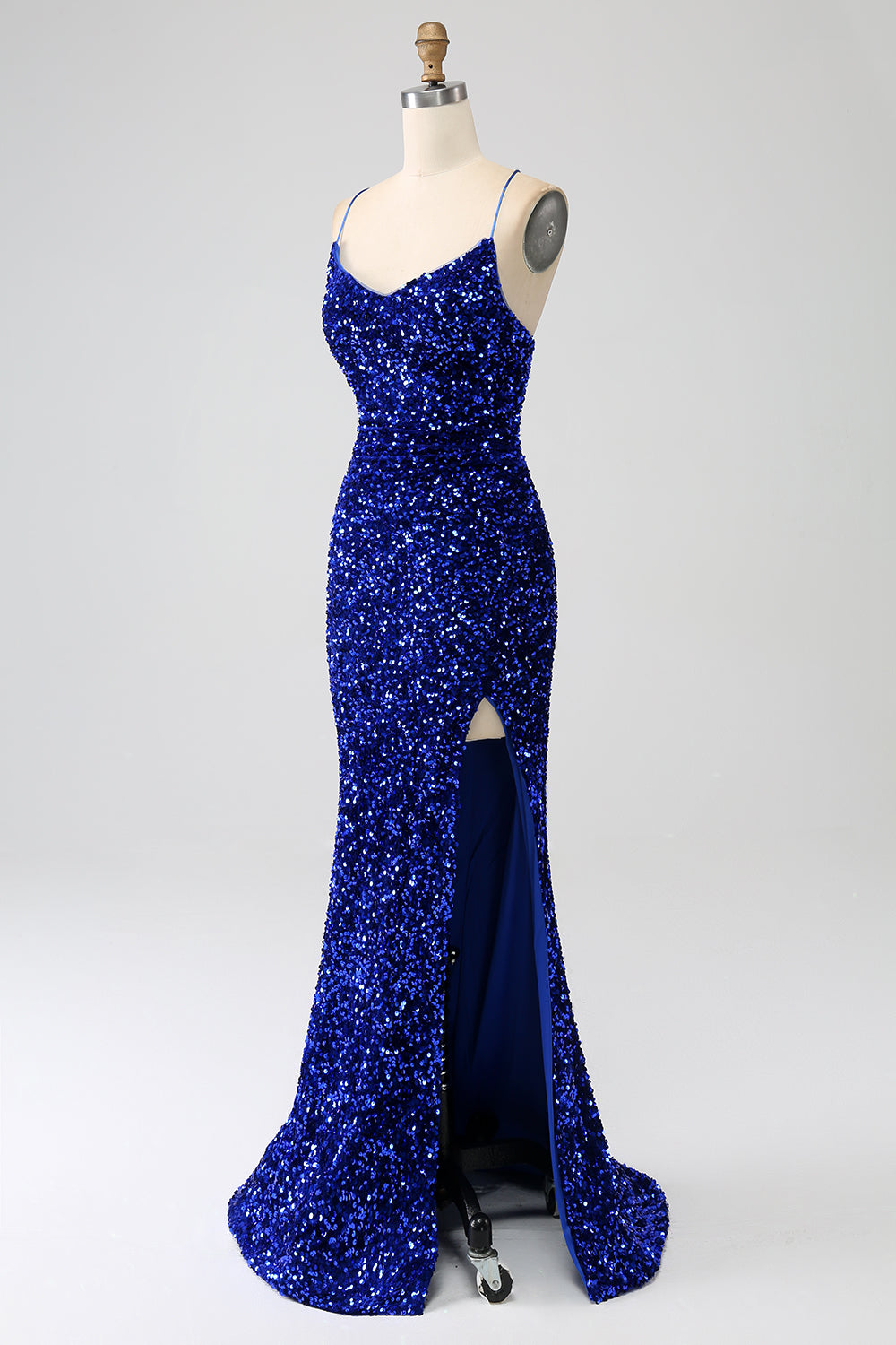 Vestido de fiesta de lentejuelas con escote en V con tirantes de sirena fucsia y lentejuelas con abertura