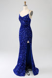 Vestido de fiesta de lentejuelas con escote en V con tirantes de sirena fucsia y lentejuelas con abertura