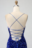 Vestido de fiesta de lentejuelas con escote en V con tirantes de sirena fucsia y lentejuelas con abertura