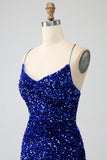 Vestido de fiesta de lentejuelas con escote en V con tirantes de sirena fucsia y lentejuelas con abertura