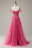 A Línea Fuera del Hombro Vestido Rosa de Fiesta Con Apliques