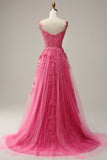A Línea Fuera del Hombro Vestido Rosa de Fiesta Con Apliques