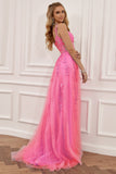 Vestido de fiesta largo púrpura fuera del hombro con apliques