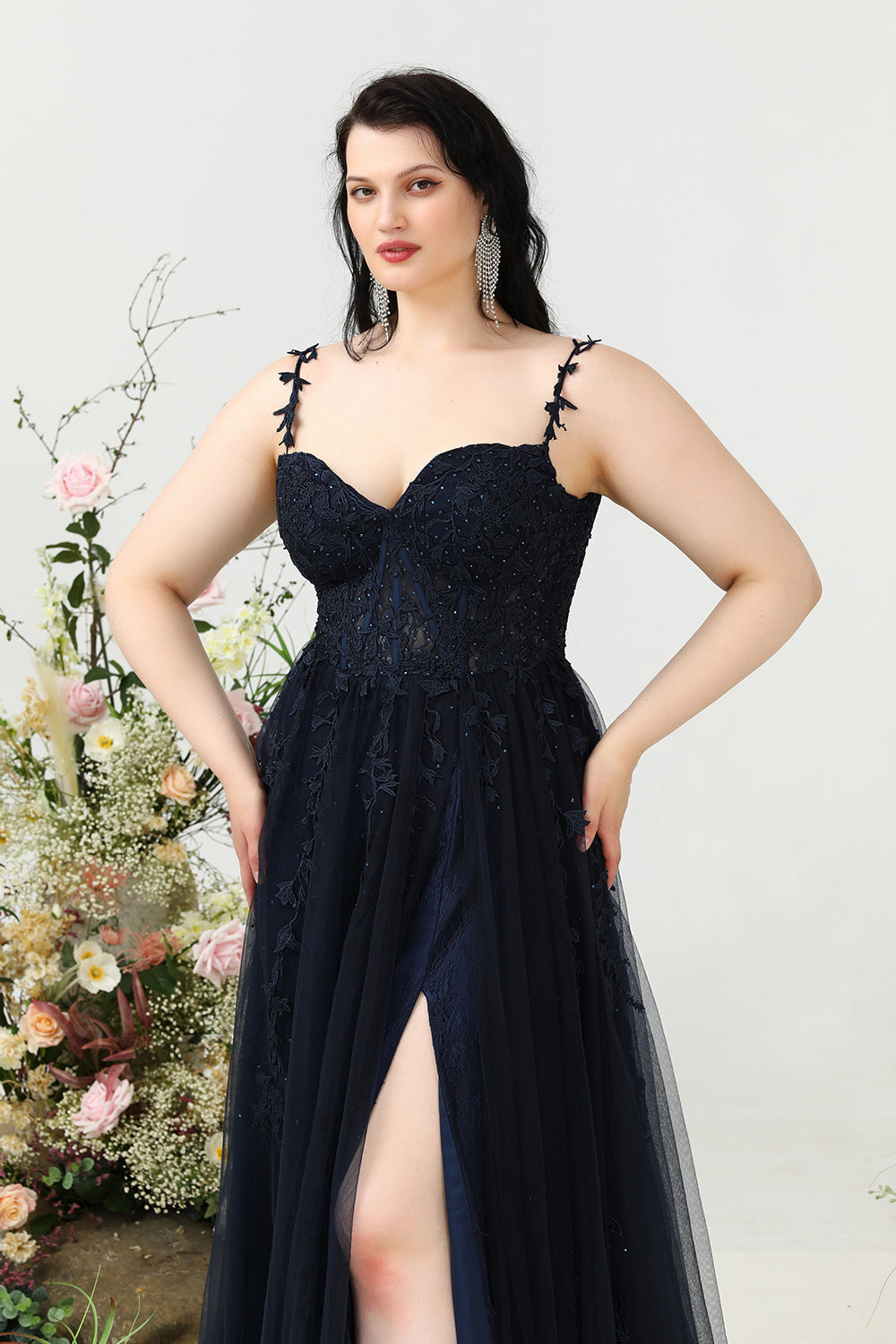A Línea Correas de Espagueti Azul Marino Vestido de Fiesta Con Apliques