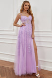 Vestido de fiesta largo púrpura fuera del hombro con apliques