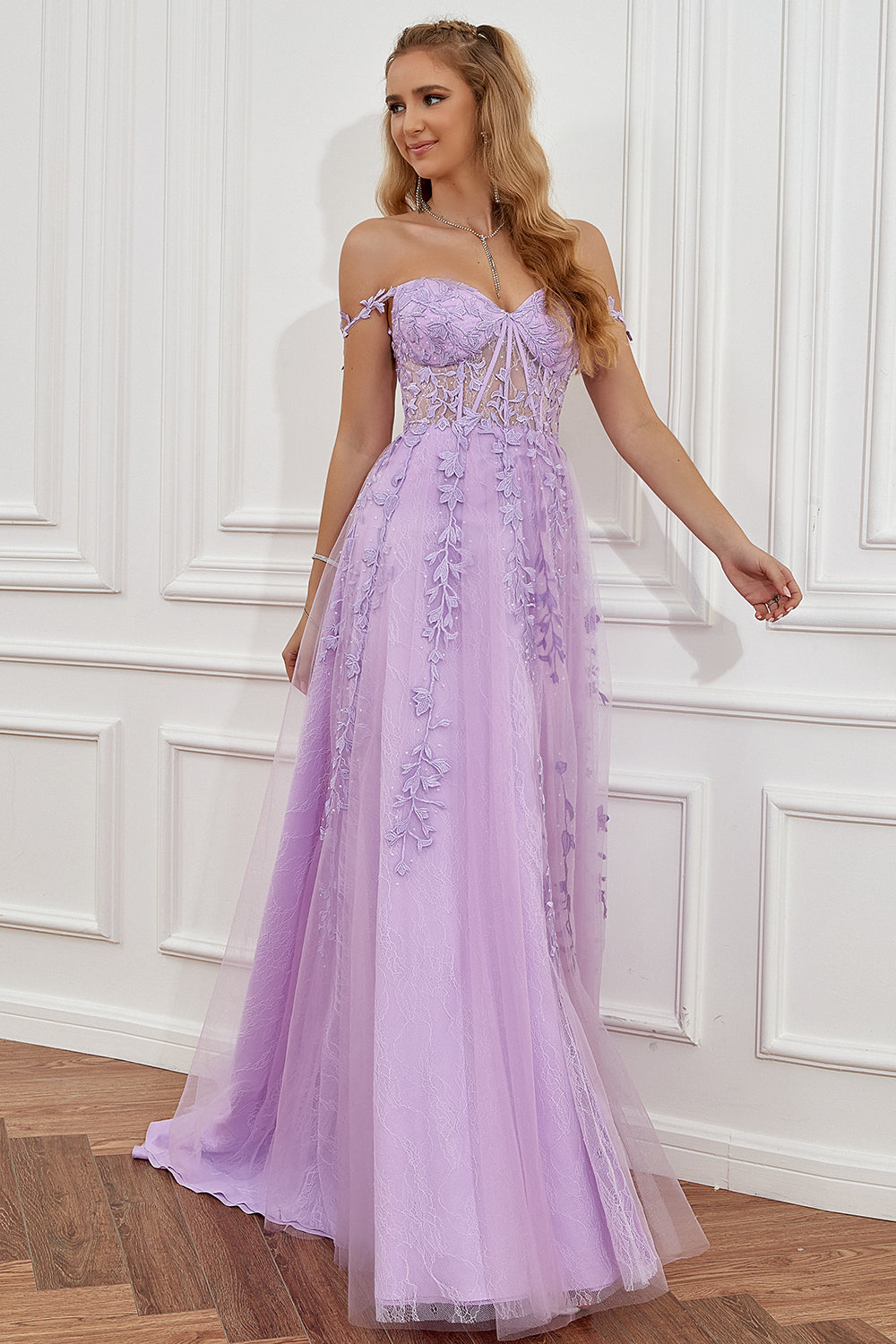 Vestido de fiesta largo púrpura fuera del hombro con apliques