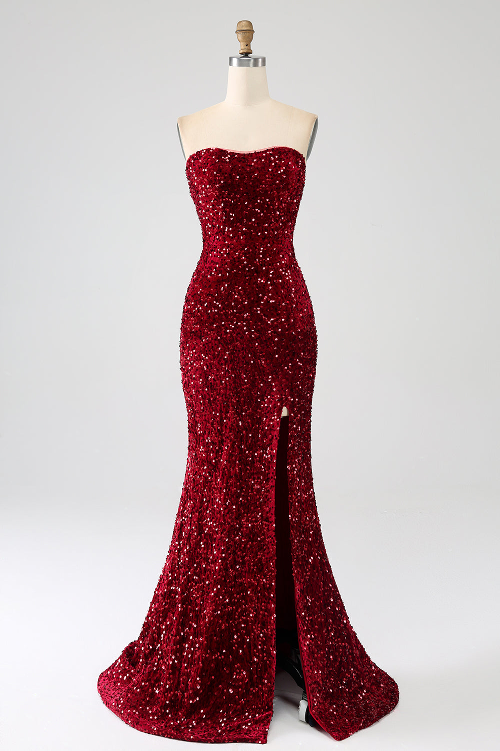 Vestido de fiesta largo de sirena de lentejuelas sin tirantes rojo con abertura