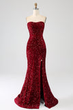 Vestido de fiesta largo de sirena de lentejuelas sin tirantes rojo con abertura
