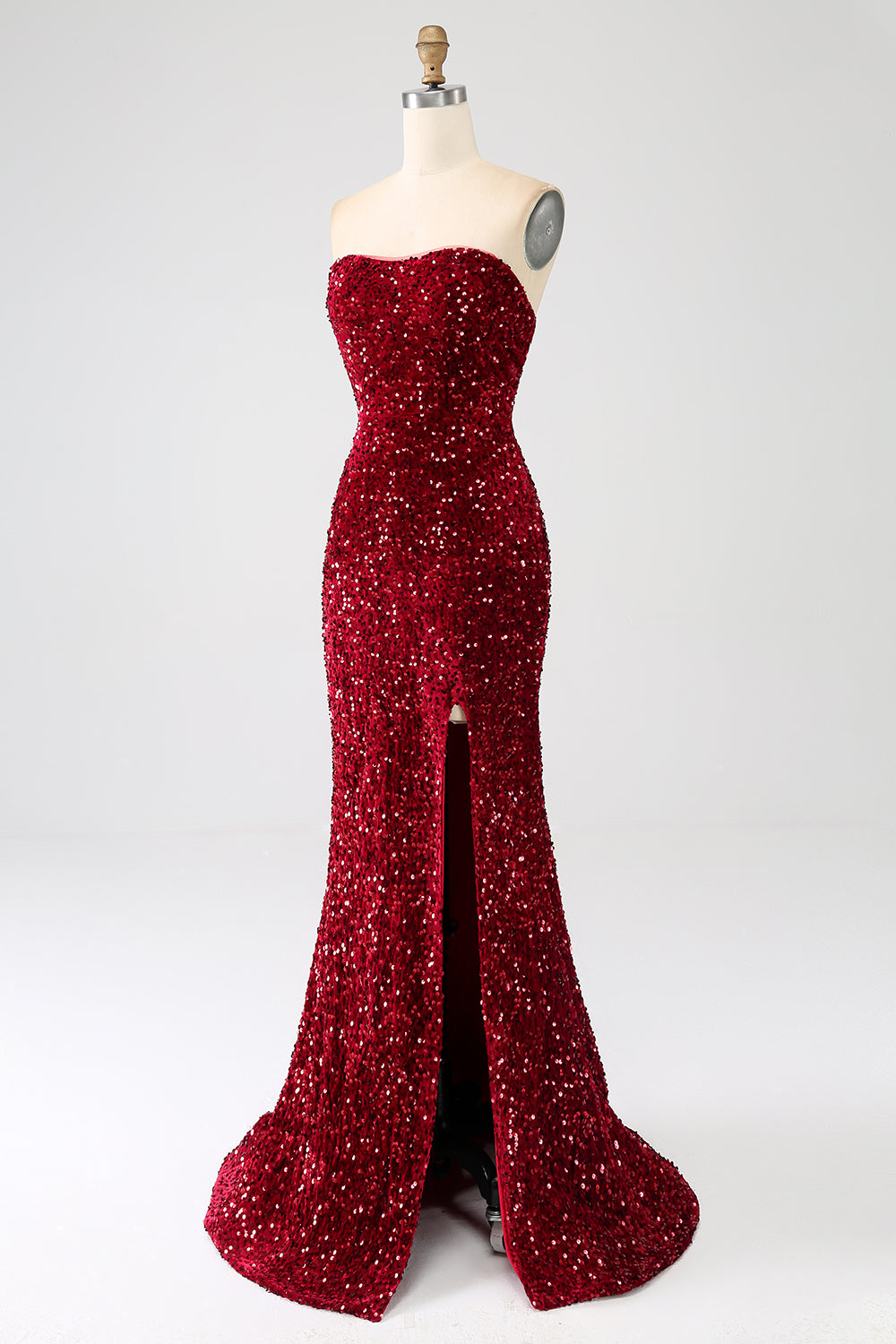 Vestido de fiesta largo de sirena de lentejuelas sin tirantes rojo con abertura