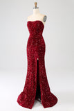 Vestido de fiesta largo de sirena de lentejuelas sin tirantes rojo con abertura