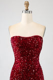 Vestido de fiesta largo de sirena de lentejuelas sin tirantes rojo con abertura