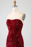 Vestido de fiesta largo de sirena de lentejuelas sin tirantes rojo con abertura