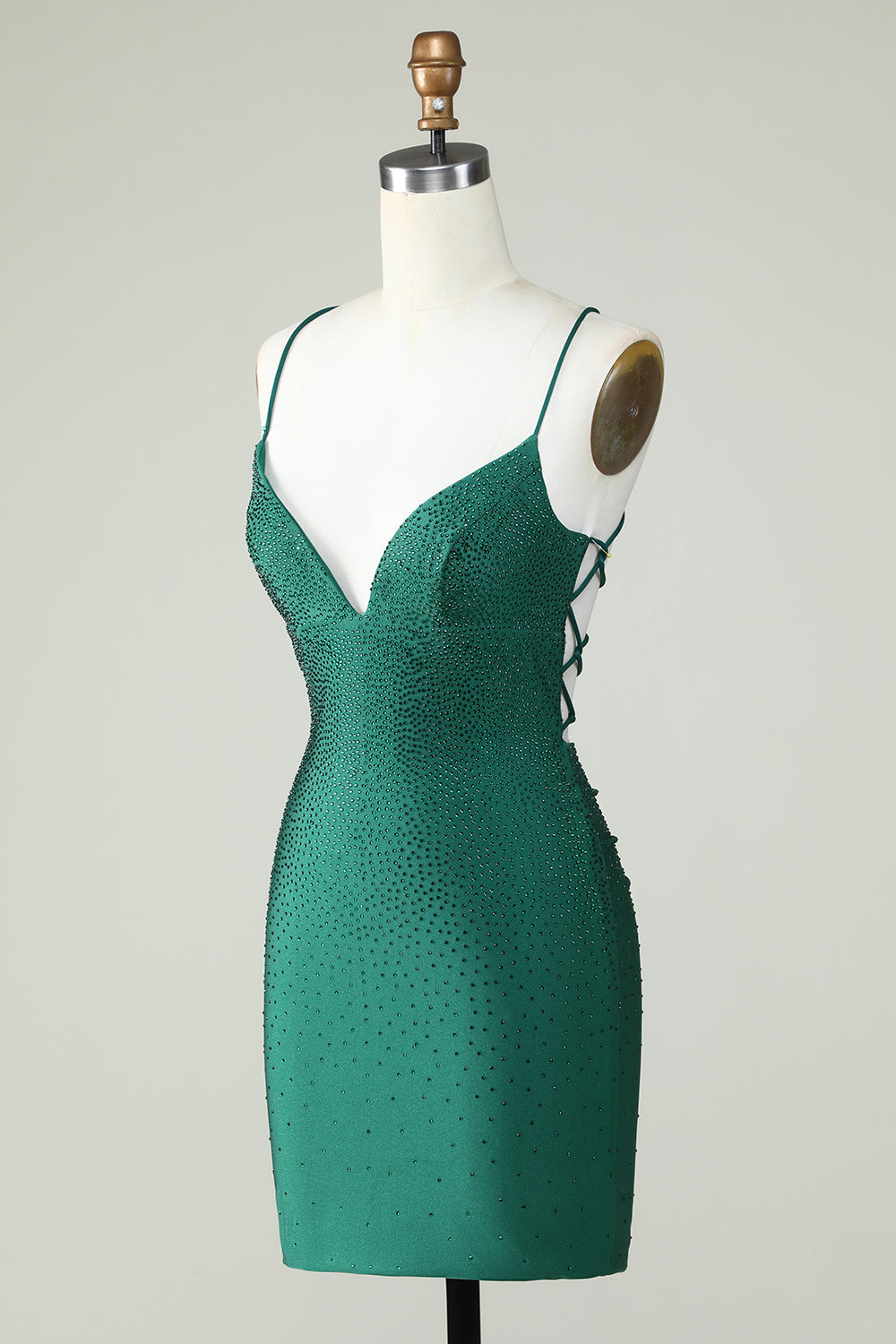 Vaina Spaghetti Straps Verde oscuro Vestido corto de bienvenida con abalorios