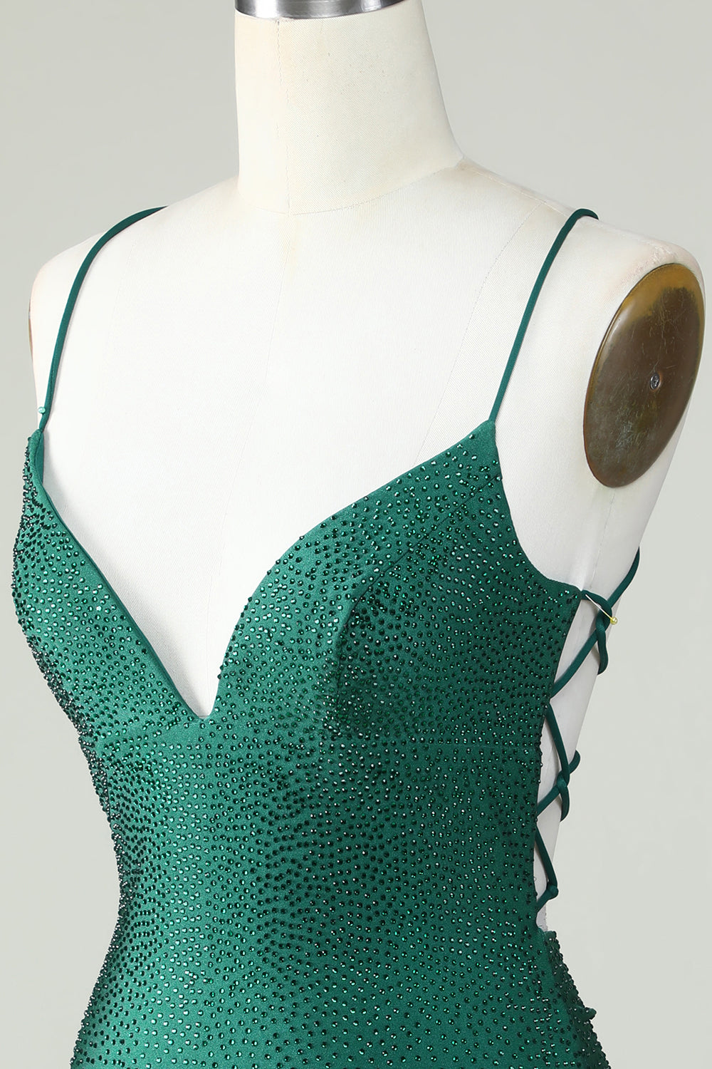 Vaina Spaghetti Straps Verde oscuro Vestido corto de bienvenida con abalorios