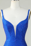 Bodycon Deep V Neck Royal Blue Short Homecoming Dress con abalorios