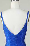 Bodycon Deep V Neck Royal Blue Short Homecoming Dress con abalorios
