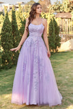 Vestido de fiesta de tul púrpura con apliques