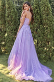 Vestido de fiesta de tul púrpura con apliques