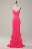 Sirena Tirantes de Espagueti Lentejuelas Rosa Vestido de Fiesta